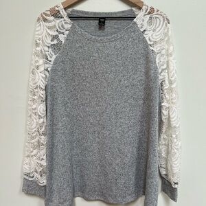 SHEIN Gray Top with White Lace Sleeves